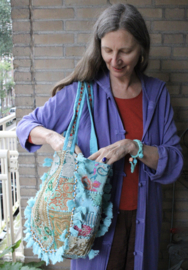 One of a kind richely embroidered, spacious, Banjari Indian Bohemian XL Bag TURQUOISE6 PINK accents,  GOLD embroidered