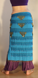 Extra Large XL, XXL, XLong - Sarong hipshawl hipscarf TURQUOISE BLUE, Egyptian handycraft, crocheted decorated  GOLDEN beads