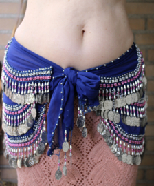 Luxe buikdansgordel, chiffon buikdans sjaal uit Egypte, KONINGSBLAUW chiffon met ZILVEREN en FUCHSIA kraaltjes en ovalen muntjes versiering - LG18