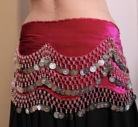 G55 - FUCHSIA BRIGHT PINK Velvet hipbelt, crocheted decorated with SILVER coins, beads