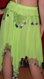 Buikdanskostuum FUCHSIA, PAARS, LIME, TURQUOISE, ROOD, BLAUW, ZWART, WIT met muntjes meisjes 3-delig : topje+ hoofdbandje + rokje (8-13 jaar)