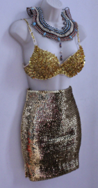 Volledig elastisch, strak, GOUDEN pailletten mini rokje / topje - One size fits (Extra) Small, Small, petite