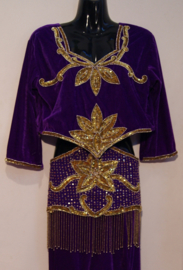3-delig Orientaals fluwelen kostuum PAARS GOUD : bloesje, pailletten-riem, rok - L Large, XL Extra Large -  3-pce Oriental costume PURPLE GOLD  blouse + belt + skirt