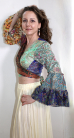 MULTICOLOR zijden wikkeltopje nr2 met ruches aan de mouwen en GOUD opdruk, India dessin - one size fits XS, S, M, L XL