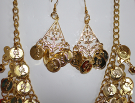 GOUD kleurig Muntjes- en belletjes halssnoer + oorbellen juwelensetje - Collier et boucles d'oreilles aux sequins