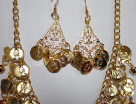 Set of GOLD colored necklace + pair of matching earrings with coins and bells - Collier et boucles d'oreilles aux sequins