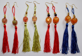 Flexible, Extra Long earrings with colored tassels and 1 big bead :  RED, BLUE