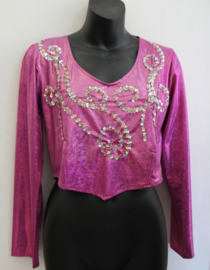 one size - Shiny top BRIGHT PINK, SILVER beads and sequins decorated - Blouse ROSE courte / Top brillant sequins ARGENTÉ