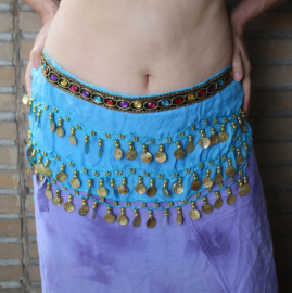 XXS, XXXS - Bellydance hipbelt with colored stones for girls TURQUOISE chiffon, GOLD decorated with beads and coins, children size -Ceinture de danse orientale pour filles / enfants, dotée de perles multicolores et sequins dorés.