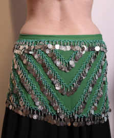 G34 - Coinbelt chiffon GREEN with SILVER coins and beads