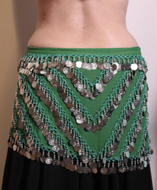 Muntjesgordel op  chiffon, GROEN met ZILVEREN kraaltjes en muntjes - G34 - Coinbelt chiffon GREEN with GOLDEN coins and beads