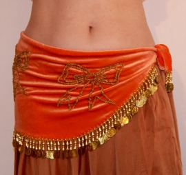 G62 -  XS Extra Small S Small -  ORANGE velvet bellydance hipbelt, GOLDEN beads and coins decorated