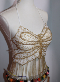 Glitter vlindertop WIT met GOUDEN kraaltjes versiering en kralenfranje - M, S, XS