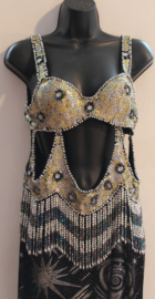 One slit Bellydance dress, baladi dress, BLACK SILVER with cut outs in middle section