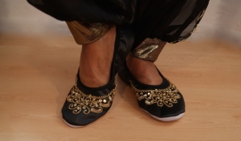 Satin bellydance shoes BLACK, GOLD sequinned, leather sole