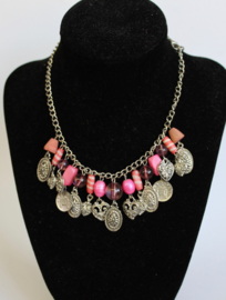 Fantasy 4 - Fantasy Necklace, chain, SILVER, shades of PINK  with coins, hearts and beads