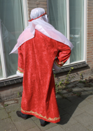 Sultan / Sheik / Sjeik luxe harem jas ROOD met WITTE kunst bont rand en GOUDEN krullen versiering + NU plus GRATIS Saudi Arabisch sheik hoofddeksel -  one size