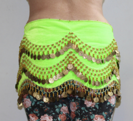 G55 - Velvet hipbelt, arcs crocheted, decorated with coins, beads FLUO BRIGHT GREEN