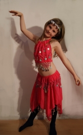 Buikdanskostuum met muntjes meisjes 3-delig : topje, hoofdbandje en rokje (2-5 jaar) ROSE - FUCHSIA