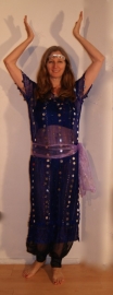 S M - 3-piece Cleopatra set : transparent net dress ROYAL BLUE + matching hip shawl + headband