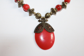 Tribal fusion RED pendant, necklace with RED and DARK GOLD colored beads