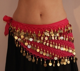 G34 - Coinbelt chiffon FUCHSIA BRIGHT PINK with GOLDEN coins and beads