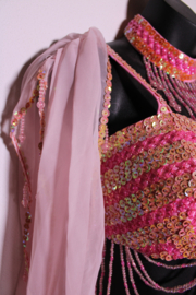 Sexy Burlesque Haremkostuum PARELMOER glans, licht ROSE ROZE :  opengewerkte harembroek + pailletten BH met mouwtjes + pailletten halssnoer - 36/38 Small Medium