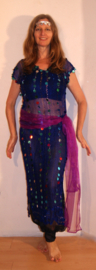 S M L XL - 3-piece Cleopatra set : transparent net dress ROYAL BLUE + matching hip shawl + headband