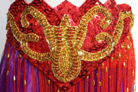 Fully sequinned 5-piece bellydance costume RED GOLD, beaded fringe decorated