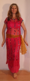 S M L XL - 3-piece Cleopatra set : transparent net dress FUCHSIA BRIGHT PINK + matching hip shawl + headband