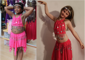 3-piece FUCHSIA BRIGHT PINK Bellydance costume for girls 2 - 5 years old : skirt + top + headband - Costume 3-pièce pour la danse orientale pour filles de 2-5 ans