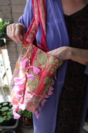 Banjari Indian Bohemian Hippy Tote Bag, LIGHT PINK2 FUCHSIA GOLD, embroidered patchwork with tassels and beads