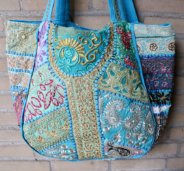 Lichtgewicht Patchwork Banjara Boho India hippie tas tote bag XL met 3 ritsen, GOUDEN borduurwerk, bloemen TURQUOISE14