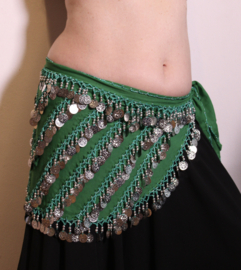 G34 - Coinbelt chiffon GREEN with SILVER coins and beads