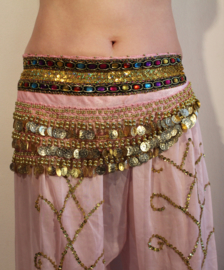 GS14g soft pink- SOFT PINK coinbelt with GOLDEN coins with 2 rows of colored stones - Ceinture de danse orientale dotée de perles multicolores et sequins dorés.