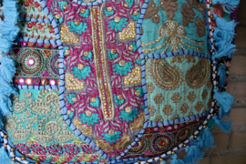 Banjari Indian Bohemian Hippy XL Bag TURQUOISE3 GOLD PINK , tassels and beads decorated