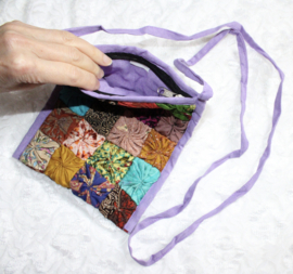 LILAC PURPLE, soft multicolored Bohemian party purse,  festival purse, squares decorated - 23 cm x 17 cm