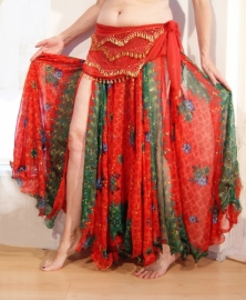 Bollywood 05 : Wijde multicolor cirkelrok met 2 splitten rood groen - Bellywood