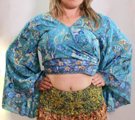 Zijden wikkeltopje met wijd uitlopende trompetmouwen TURQUOISE India - one size fits S, M, L, XL