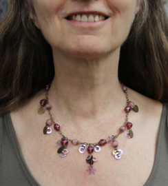 Fantasy 1 - Fantasy Necklace, chain, SILVER, shades of PINK  with coins, flowers and beads