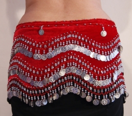 Coinbelt on red velvet, crocheted decorated with silver beads and coins - G27