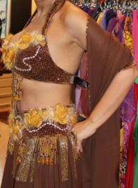 Bellydance costume from Egypt on BROWN velvet, brown and GOLDEN flowers decorated with beaded fringe