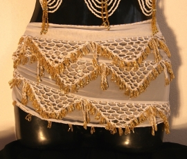 Crocheted beaded belt on WHITE chiffon with GOLDEN beads