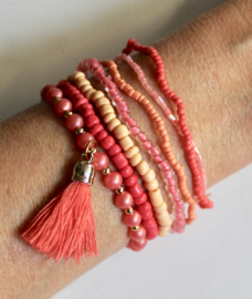 7-delig kralen armbanden setje Boho Ibiza chic ORANJE ROZE ZALM met kwast (meisje / dame elastisch) - one size