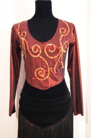 Glimtopje donkerrood met lange mouwen, versierd met gouden pailletten - one size fits S, M, L