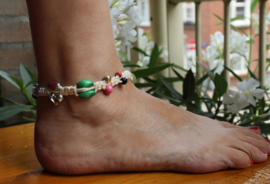 27 cm XL - Anklet "the Naturals" soft OFF WHITE cotton macramé with MULTICOLOR + SILVER beads + GLITTER