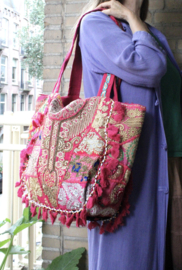 Patchwork Banjari Indian Bohemian Tote Bag strandtas FUCHSIA ROZE10 met rijkelijk GOUDEN borduursel