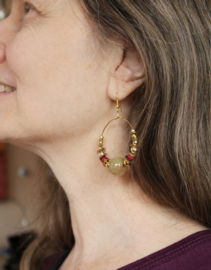 Single earring : 1 Gypsy Earring GOLD color  + BURGUNDY + OLIVE GREEN beads - 1 boucle d'oreille anneau  perles DORÉ, BORDEAUX, VERT OLIVE
