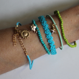 one size - 5-pce Bohemian chic Ibiza bracelet set TURQUOISE GREEN GOLD with Sun and Stars (girls / ladies elastic)
