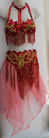 Fully sequinned 5-piece bellydance costume RED GOLD, beaded fringe decorated